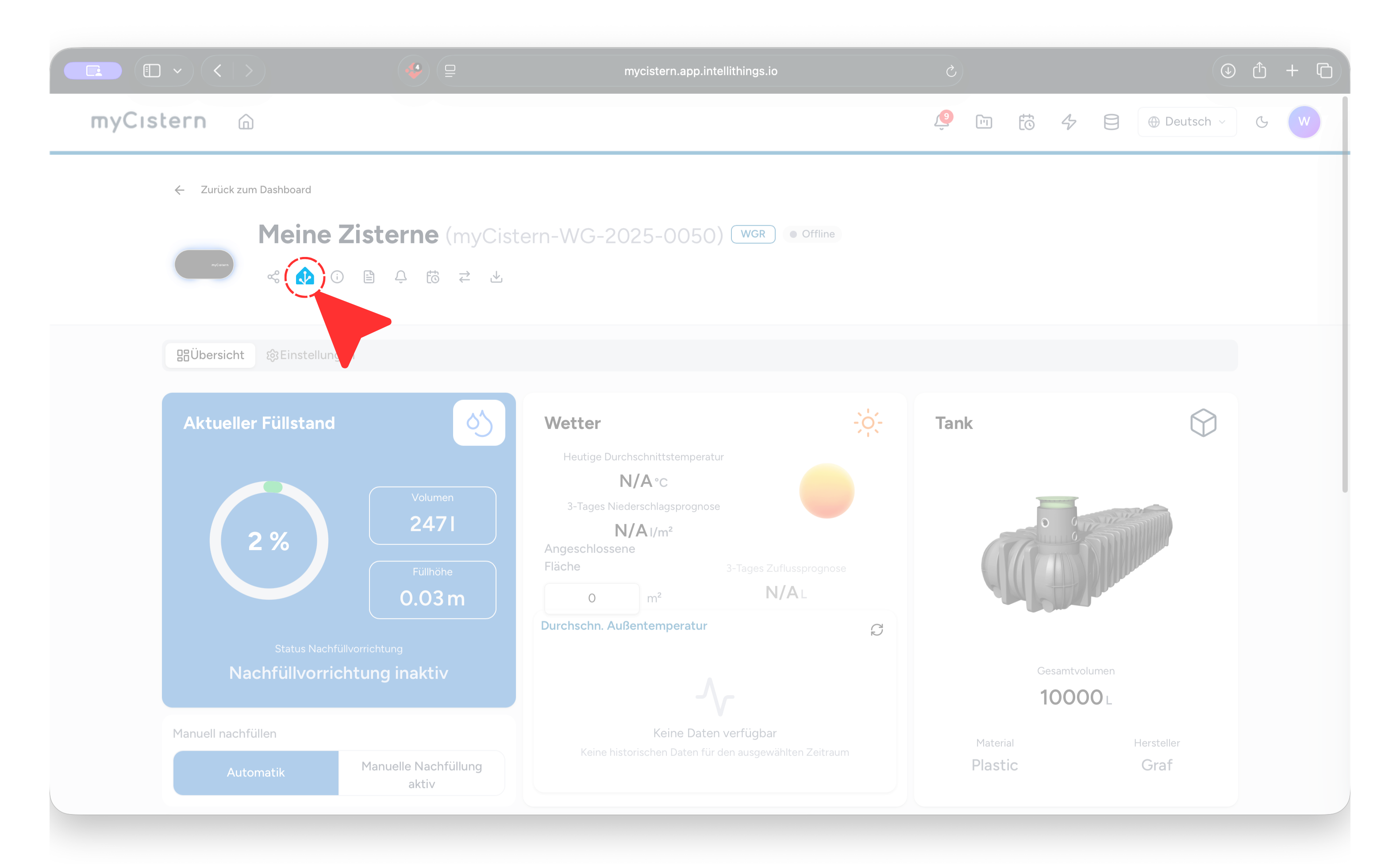 myCistern device detail page with the Home Assistant icon in the header