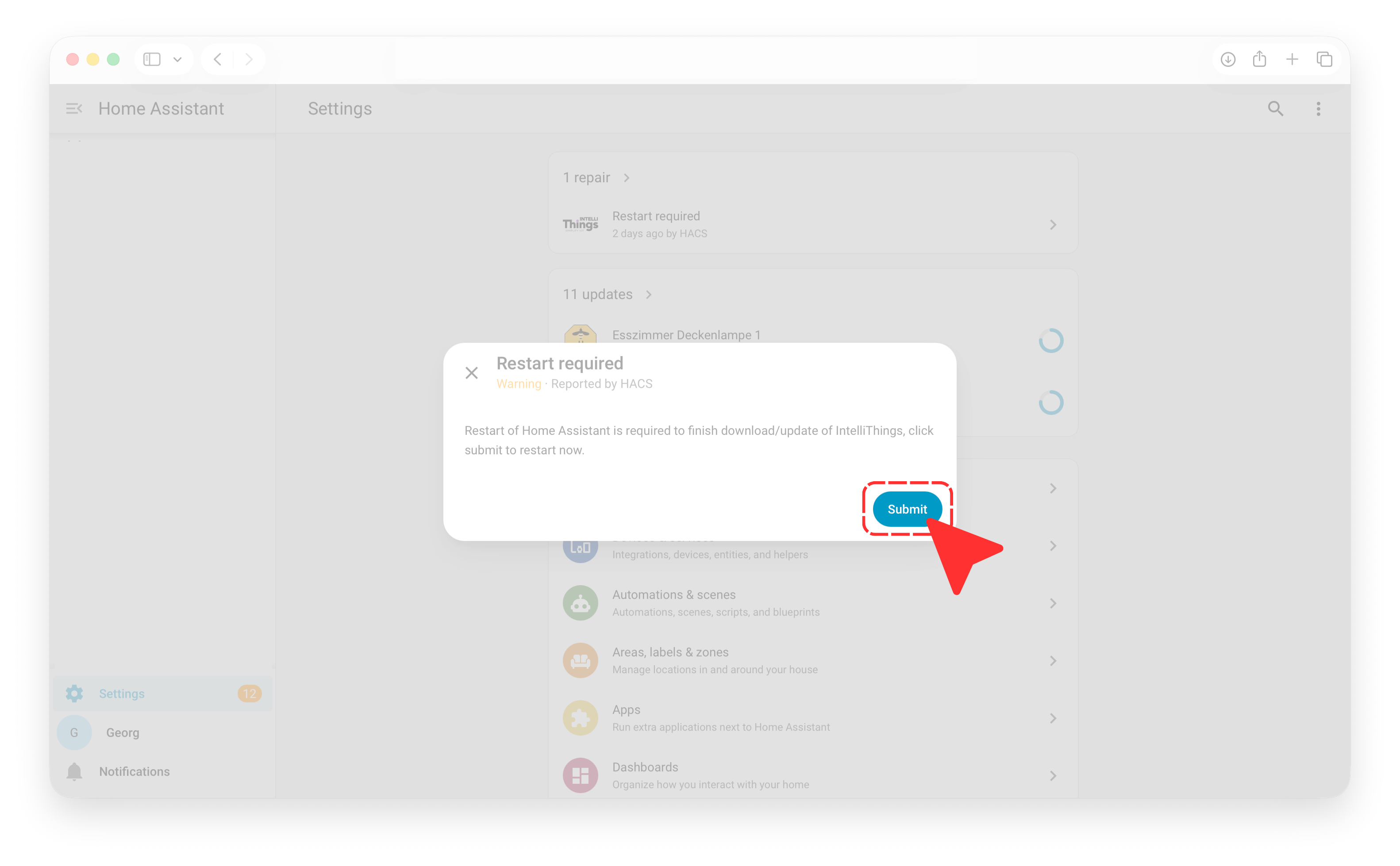 Restart required dialog in Home Assistant
