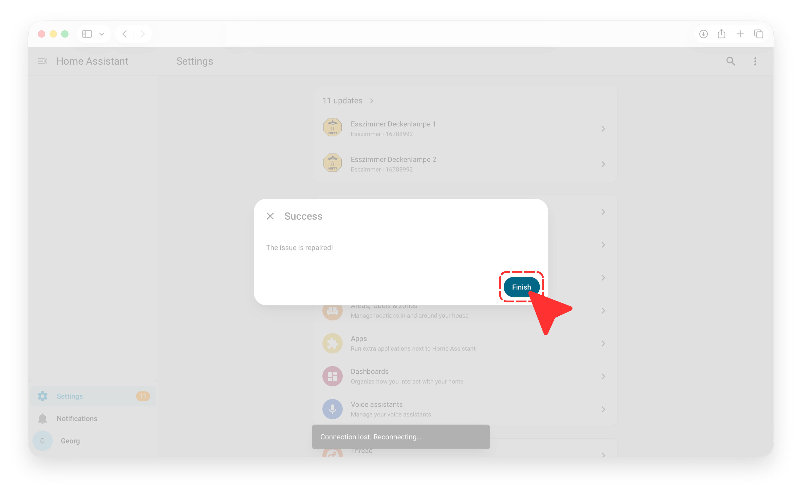Restart success dialog in Home Assistant