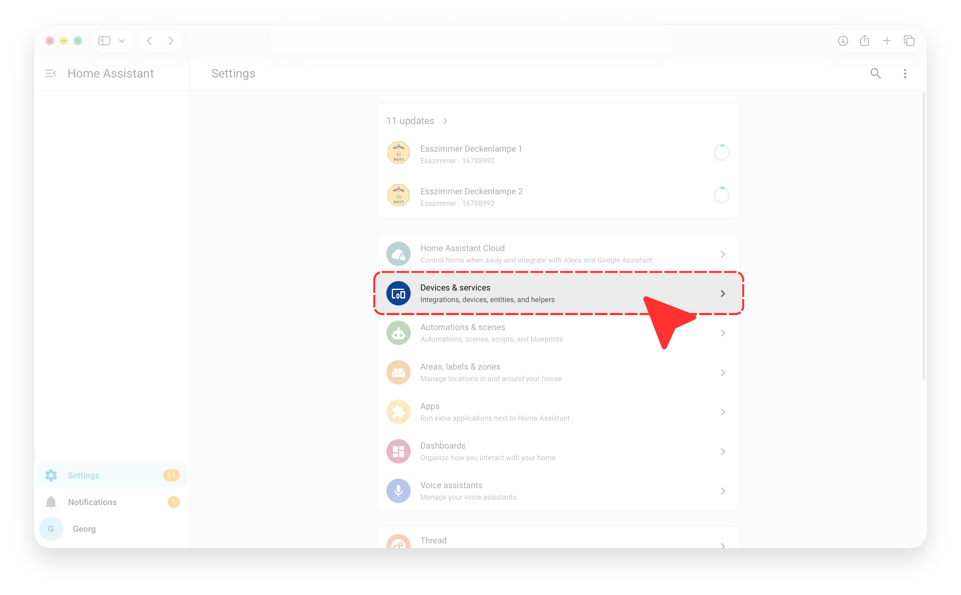 Home Assistant Settings menu