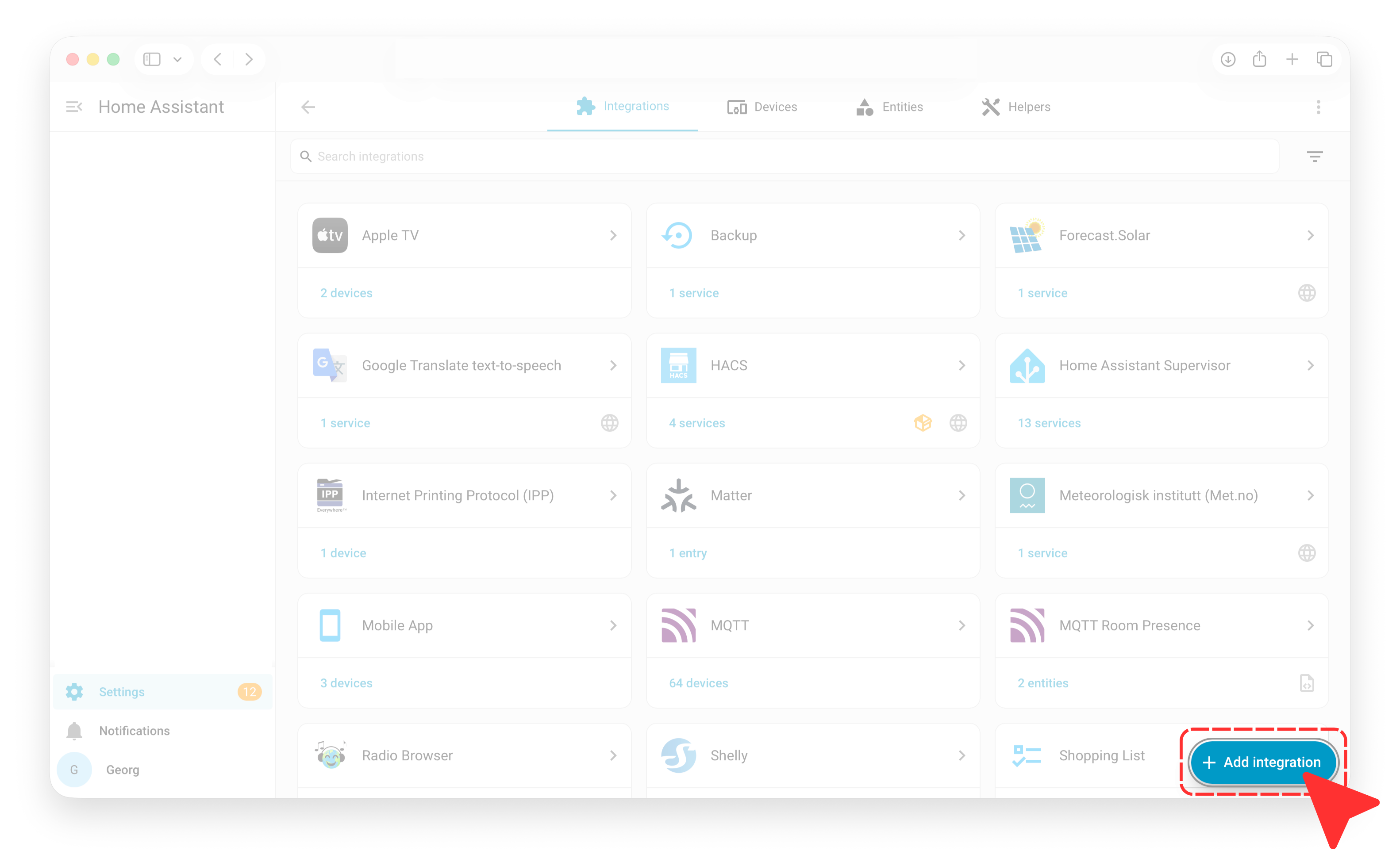 Home Assistant Integrations page with the Add integration button