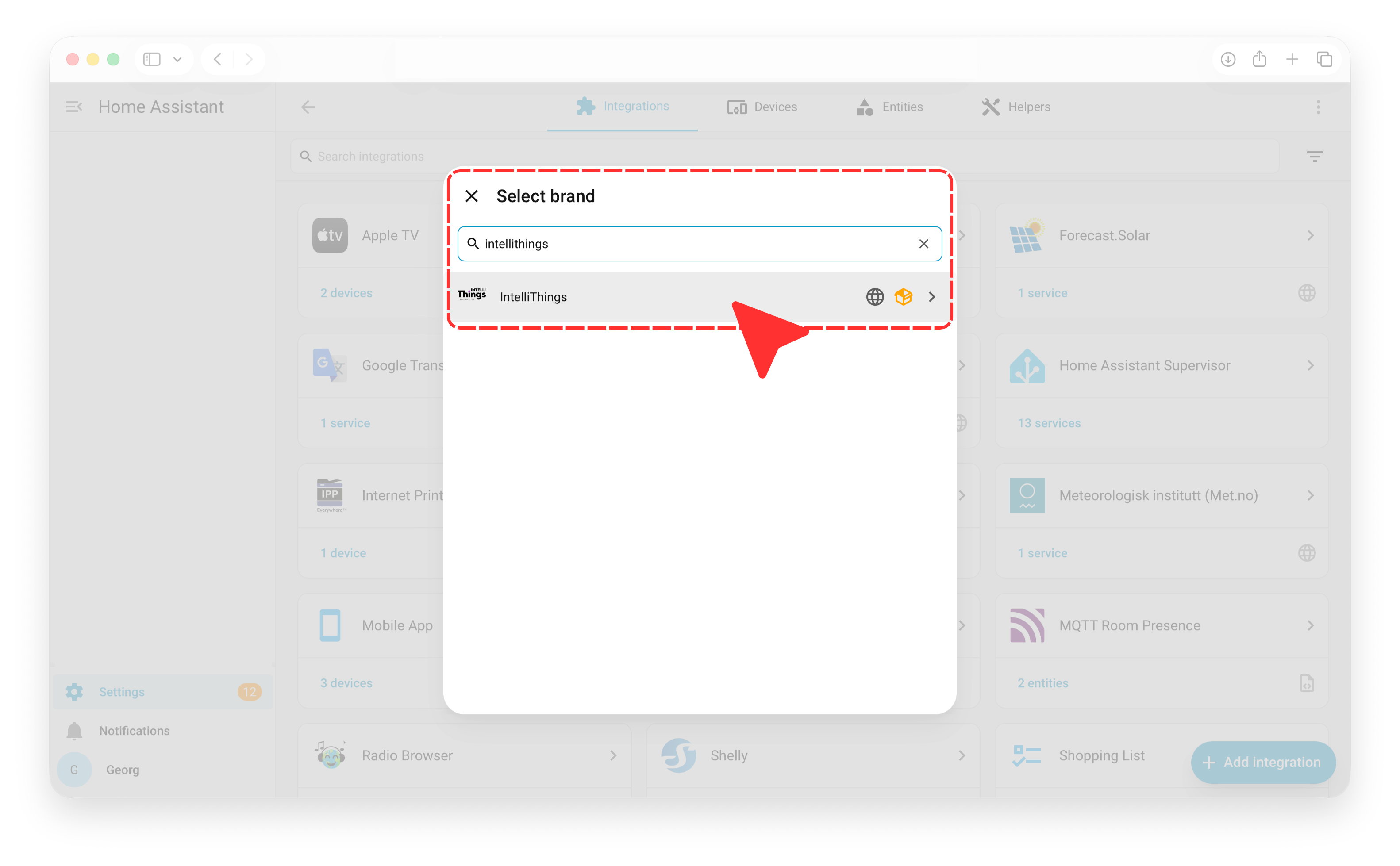 Home Assistant integration selection dialog with IntelliThings highlighted