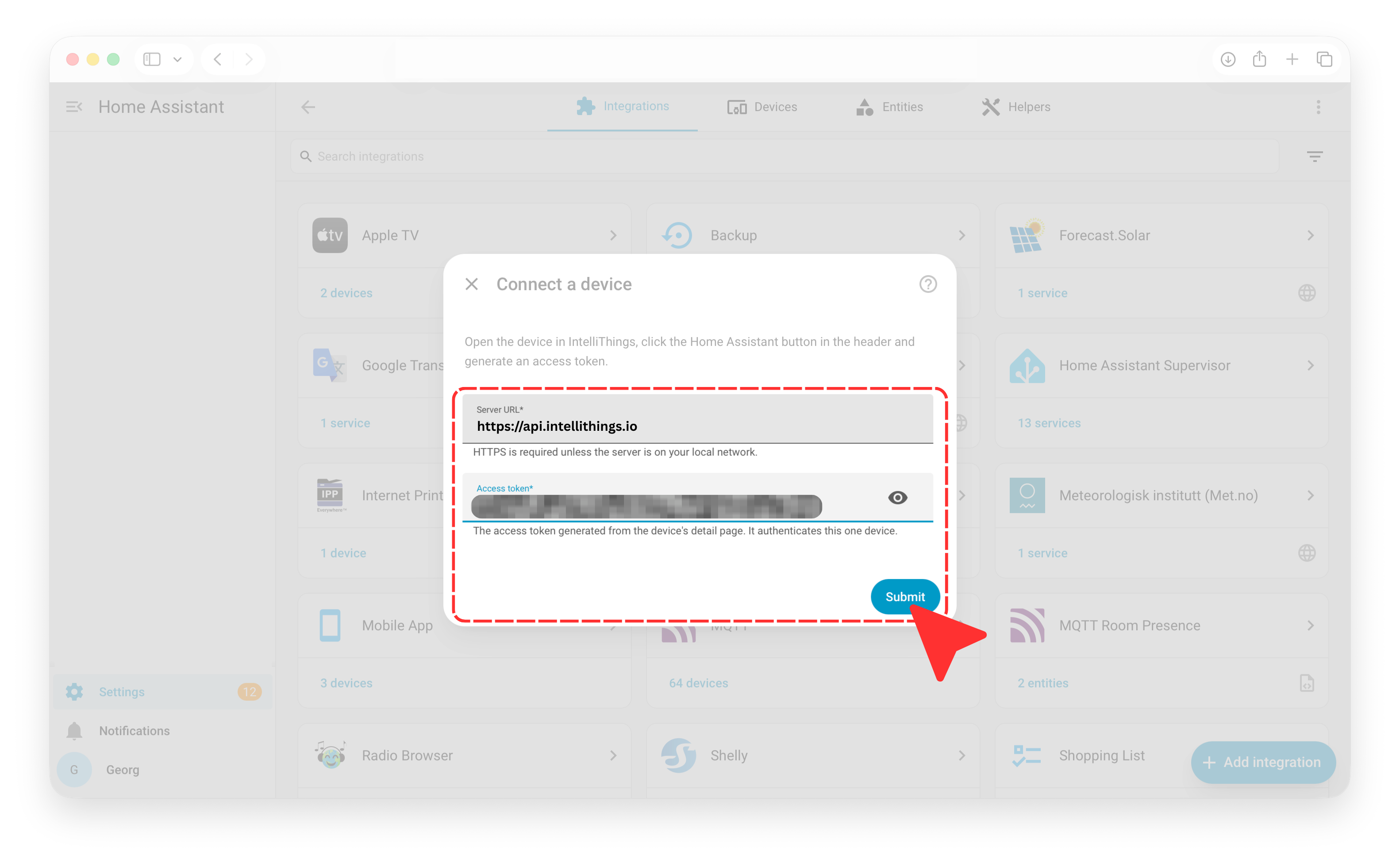 Connect a device dialog with the server URL and access token fields