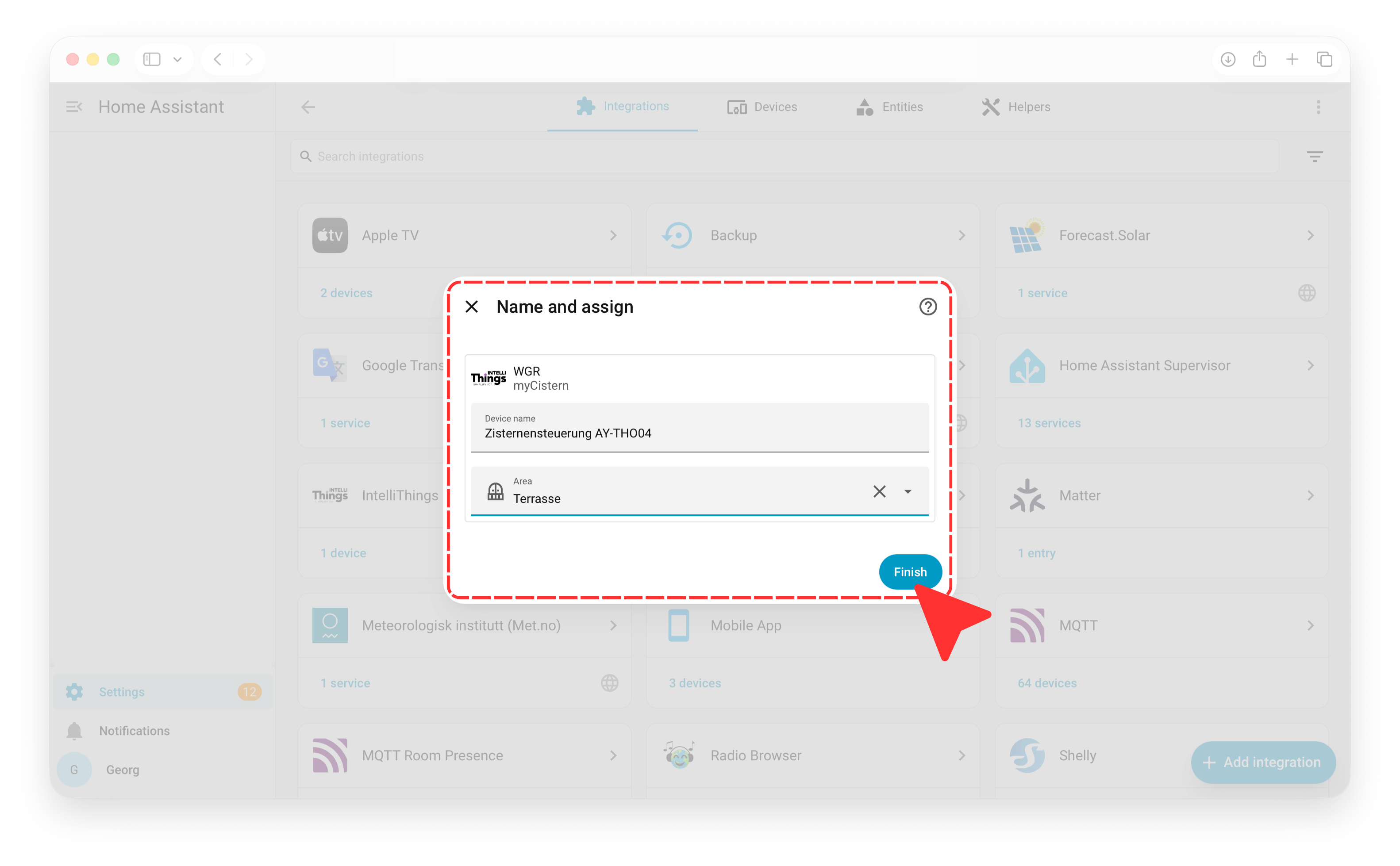 Name and assign dialog for the myCistern device