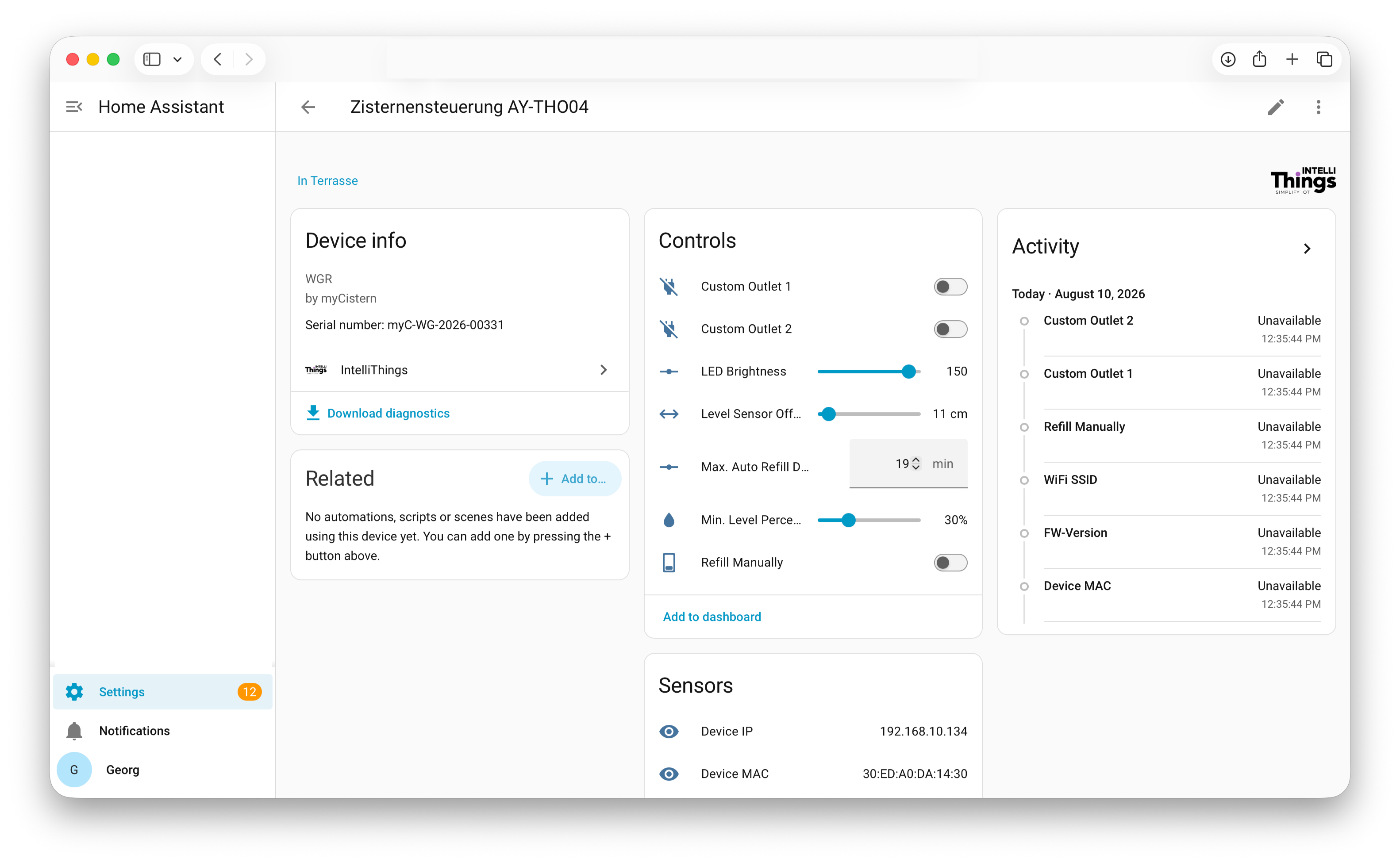 myCistern device page in Home Assistant showing device information and controls