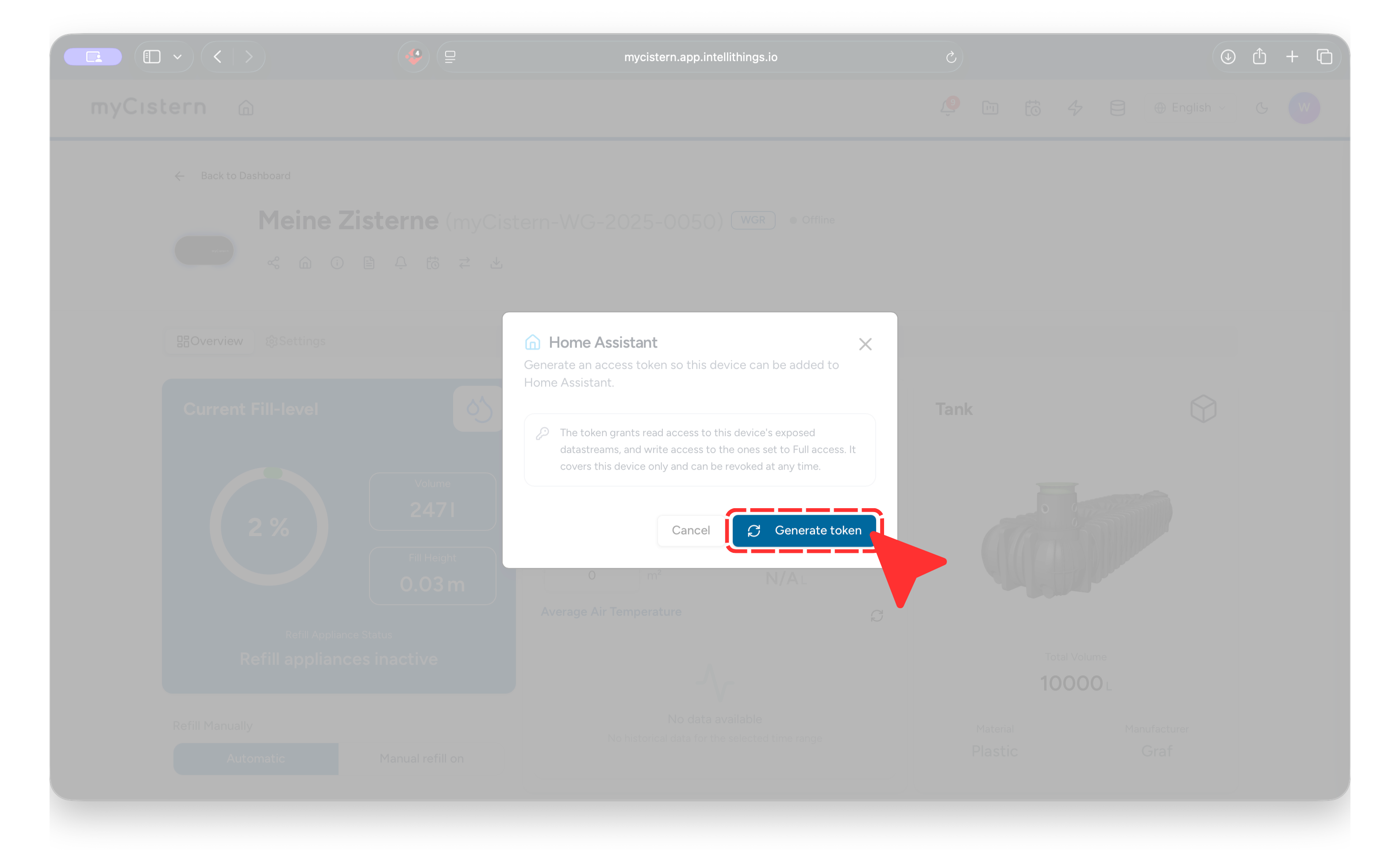 Home Assistant dialog in myCistern with the Generate token button