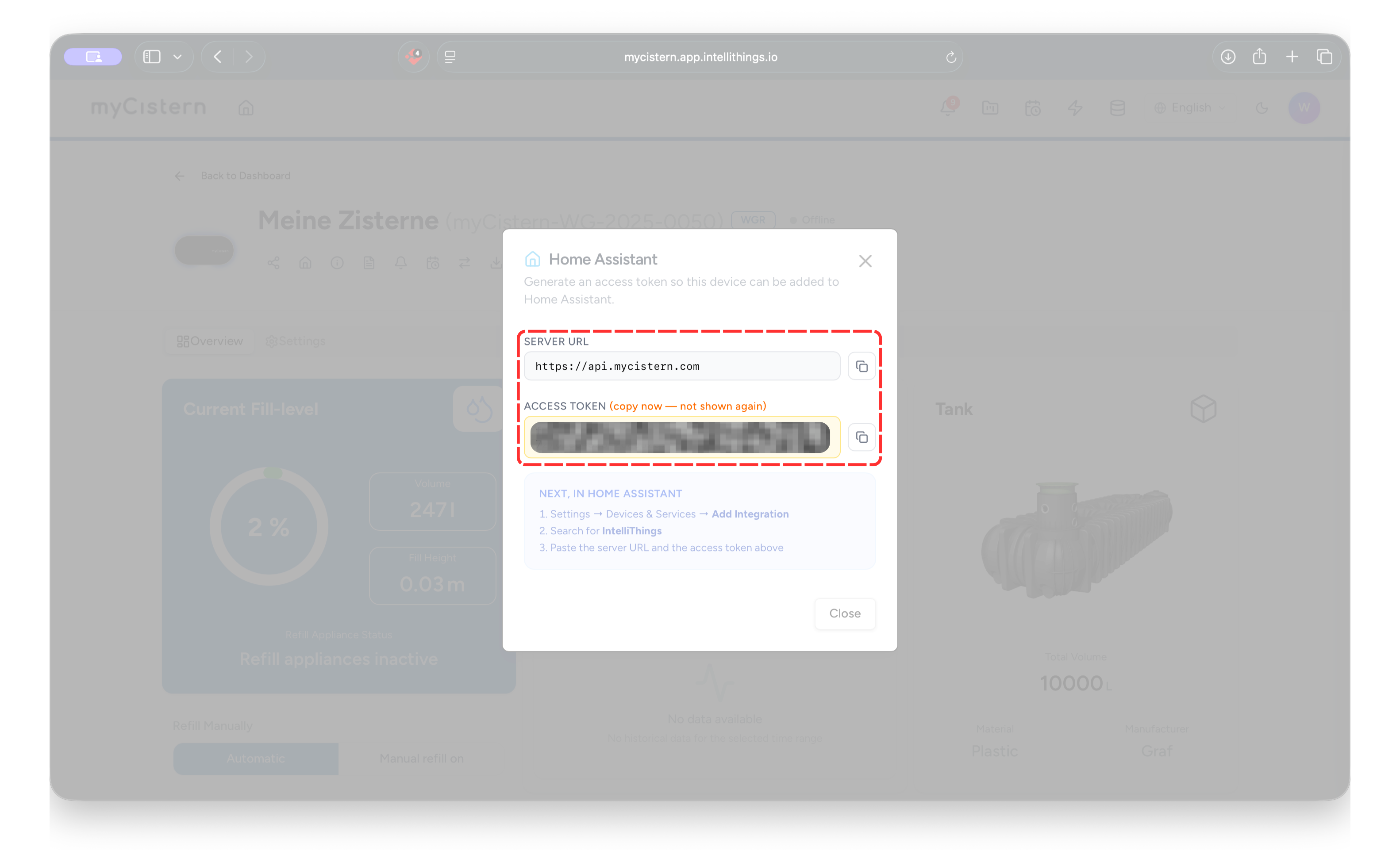 Generated Home Assistant credentials showing the server URL and access token