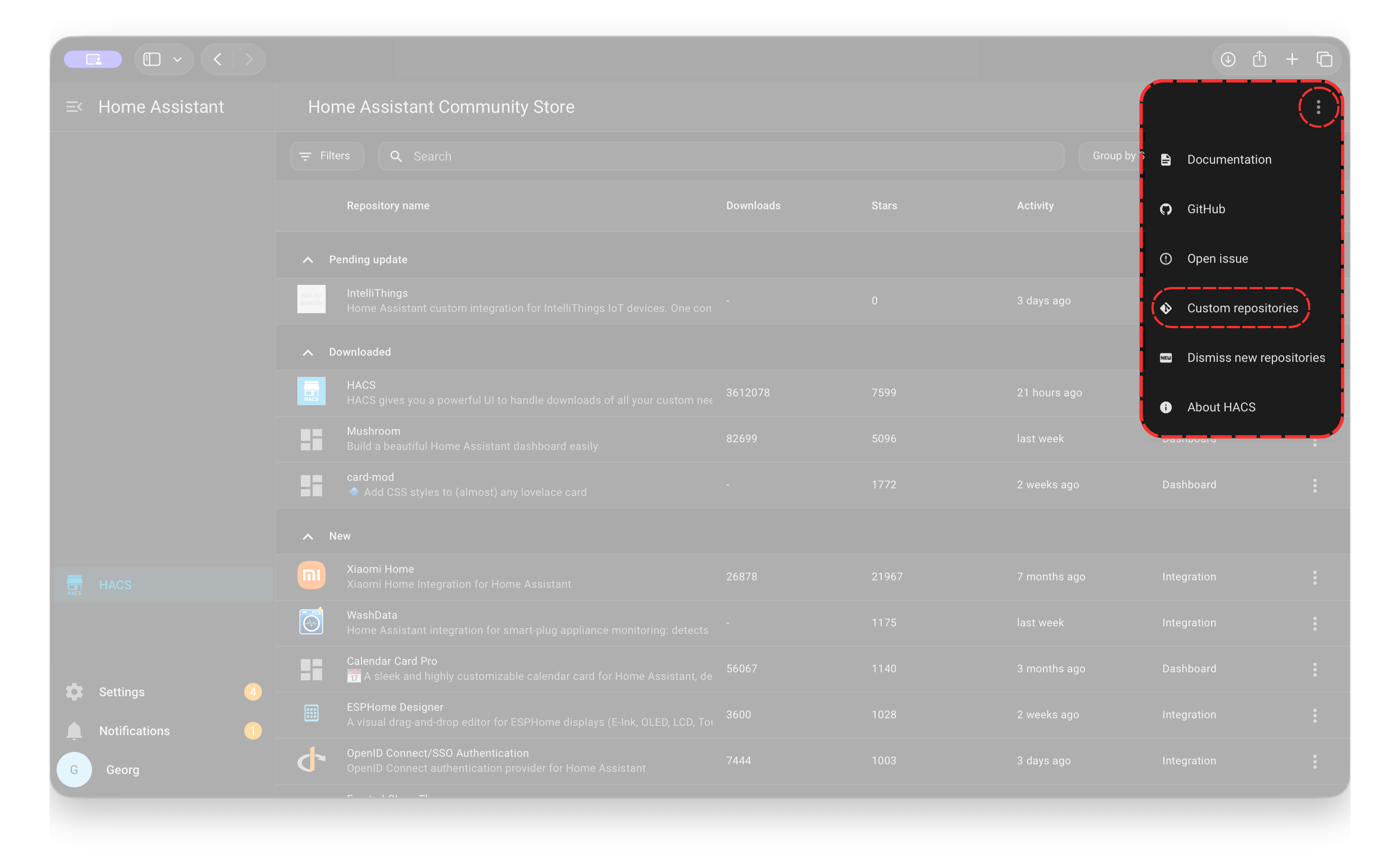 HACS dashboard with the three-dot menu open