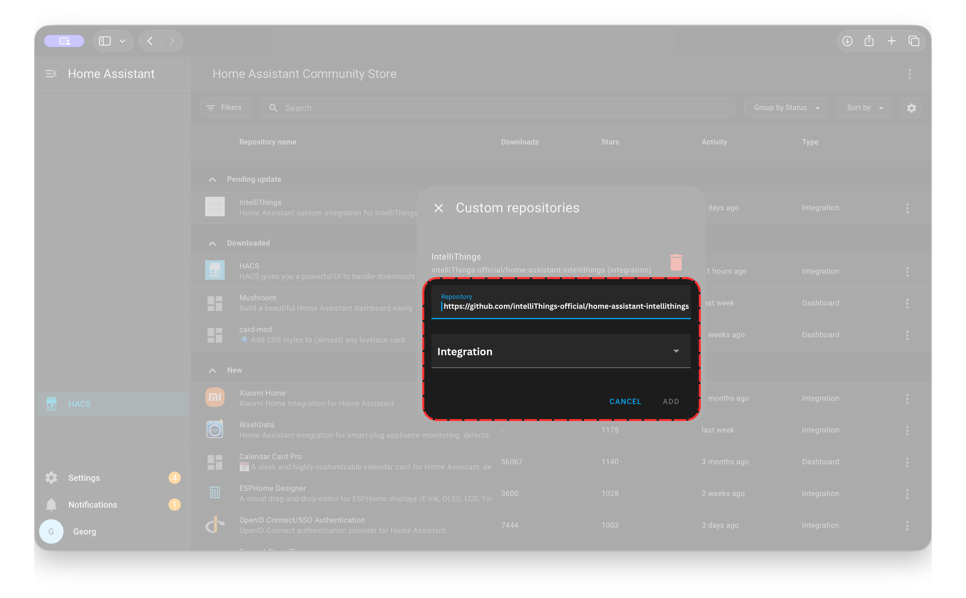 HACS Custom repositories dialog with the IntelliThings repository URL field highlighted