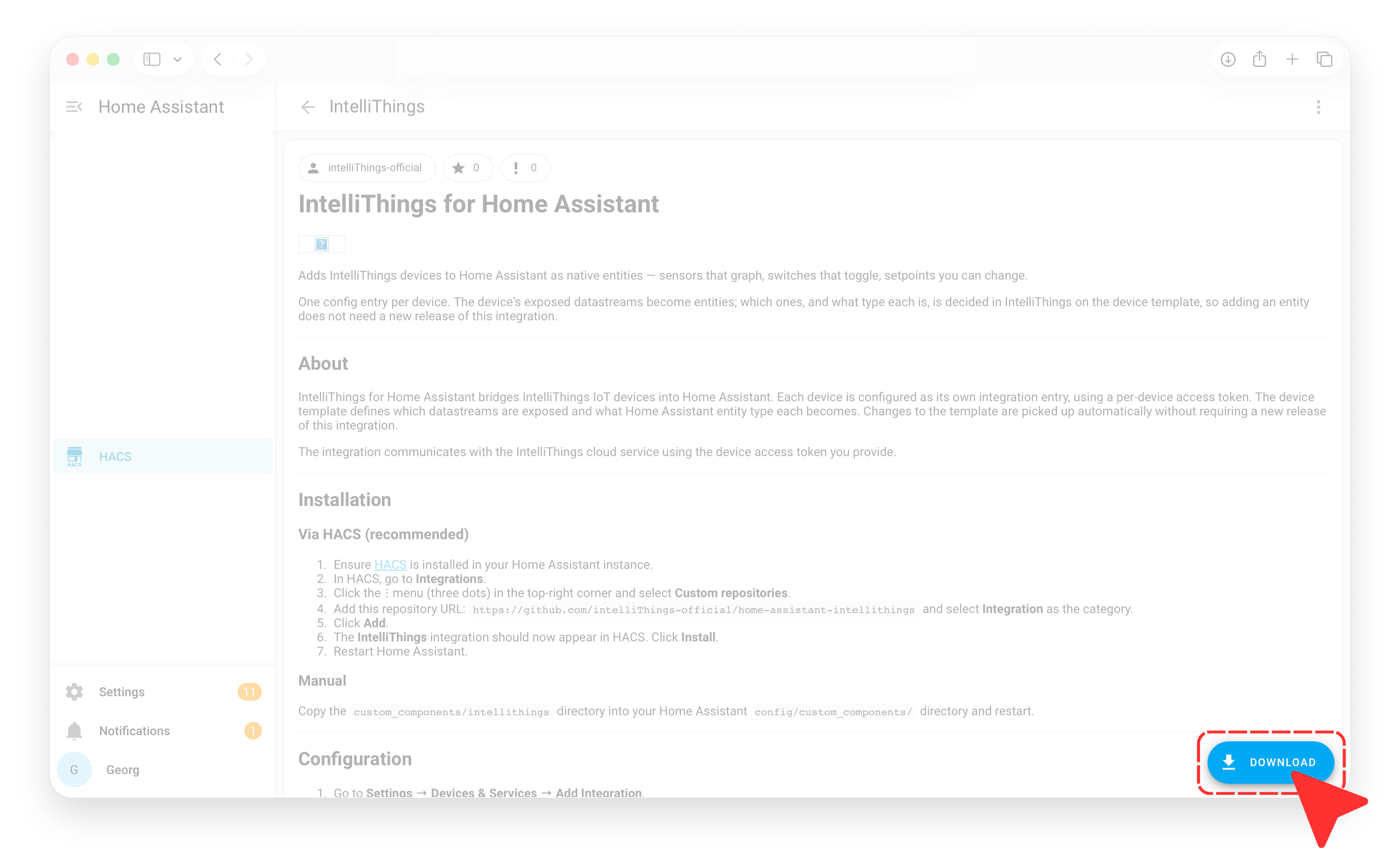 IntelliThings repository page in HACS with the Download button