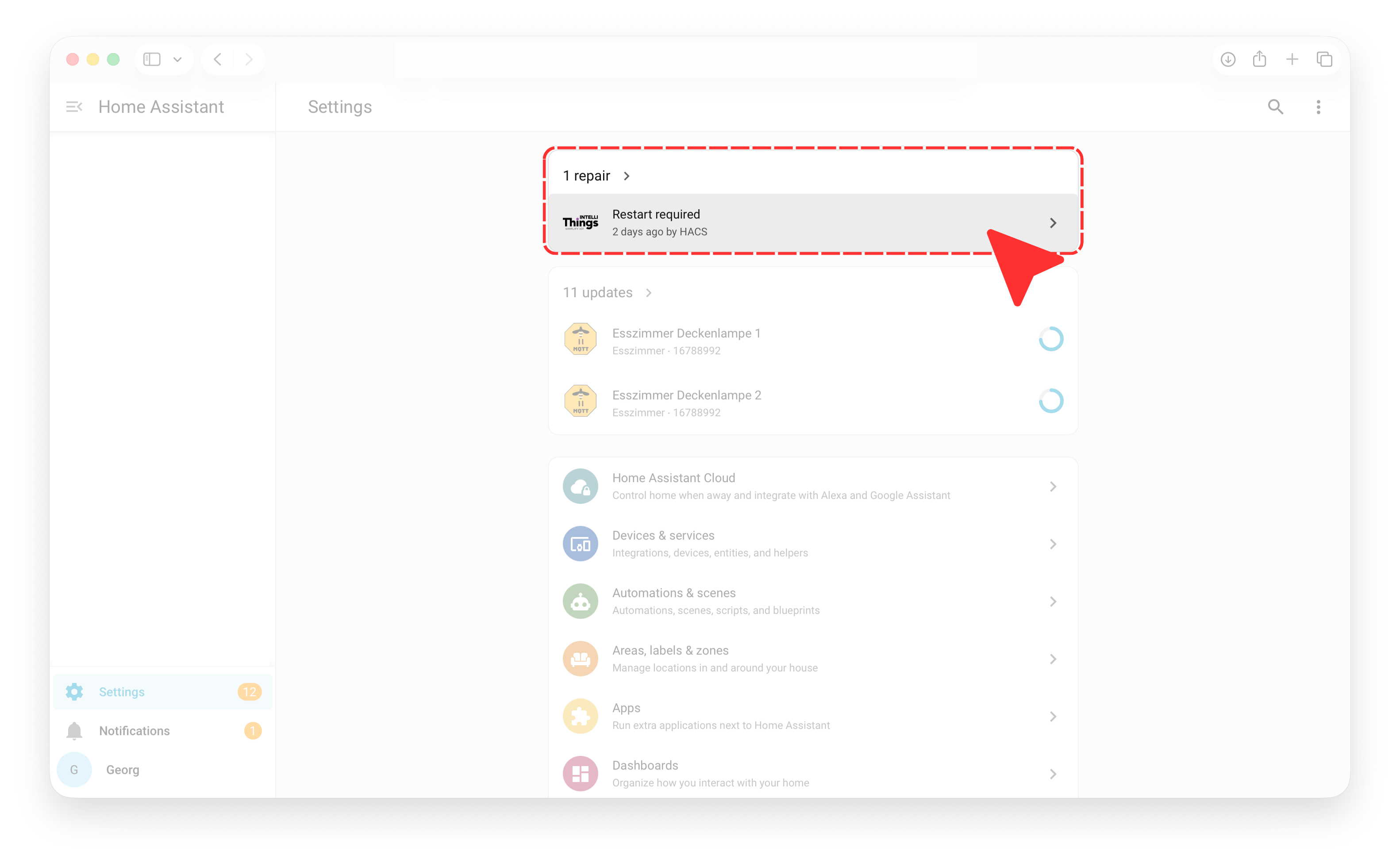 Home Assistant Settings showing the Restart required repair item